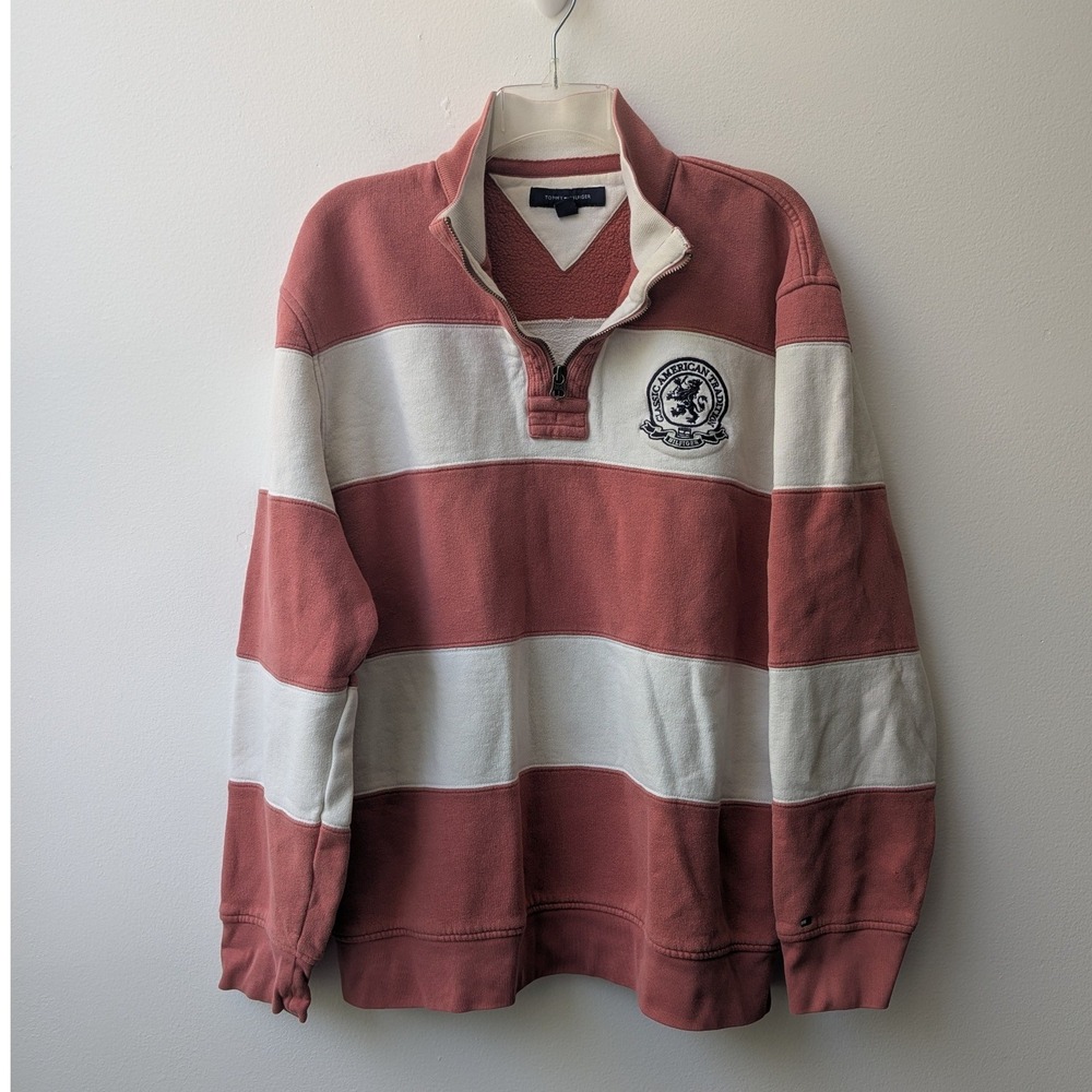 Vtg Tommy Hilfiger Quarter Zip Salmon Rugby Striped Crest Sweatshirt XL *READ